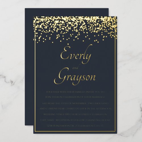 Elegant Blue Opulence Gold Confetti Wedding    Foil Invitation