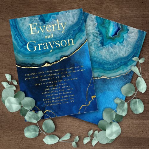 Elegant Blue Opulence Gold Galaxy Agate Wedding    Foil Invitation