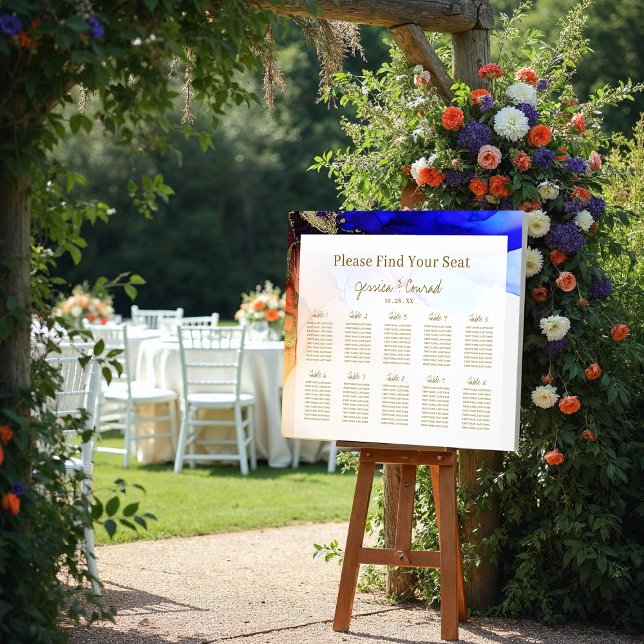 Elegant Blue Orange 10 Table Wedding Seating Chart Foam Board (Elegant Blue Orange 10 Table Wedding Seating Chart Foam Board.)