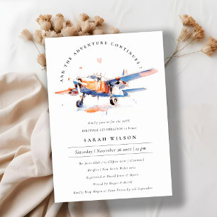Elegant Blue Orange Blush Airplane Birthday Invitation