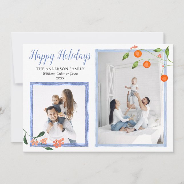 Elegant Blue Orange Citrus Christmas Two Photo Holiday Card (Front)