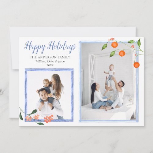 Elegant Blue Orange Citrus Christmas Two Photo Holiday Card