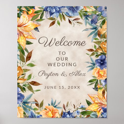 Elegant Blue Orange Floral Wedding Welcome Poster