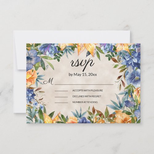 Elegant Blue Orange Flowers Tiger Lilies Wedding   RSVP Card