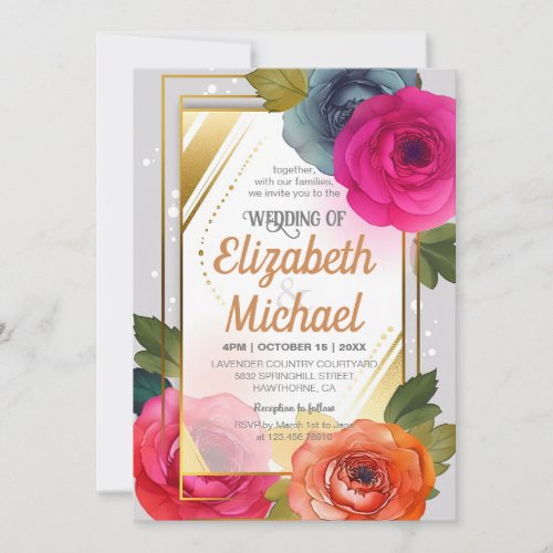 Elegant Blue Orange Pink Floral Wedding Gold Frame Invitation