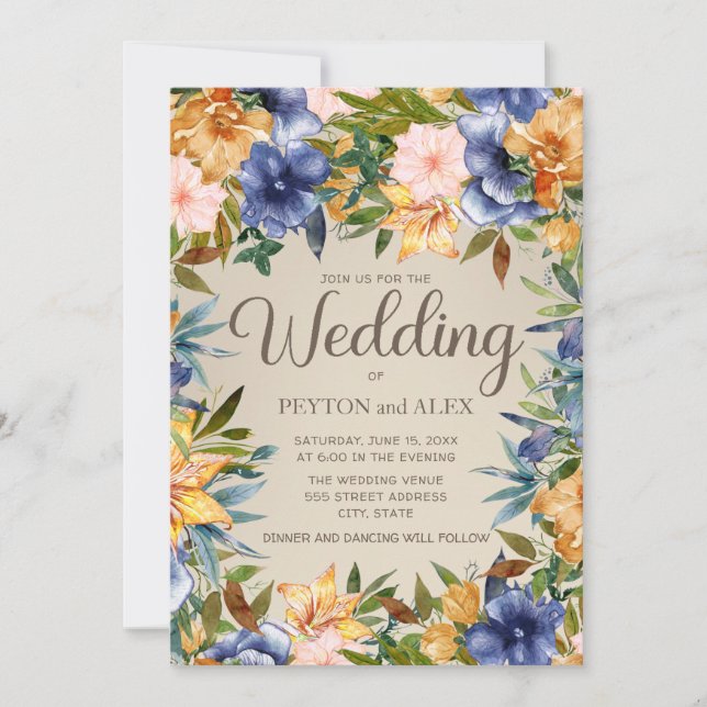 Elegant Blue Orange Watercolor Floral. Wedding Invitation (Front)