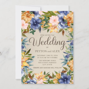Elegant Blue Orange Watercolor Floral. Wedding Invitation