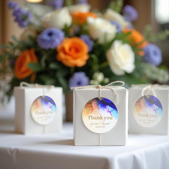 Elegant Blue Orange Wedding Thank You Classic Round Sticker (Elegant Blue Orange Wedding Thank You Classic Round Sticker.)