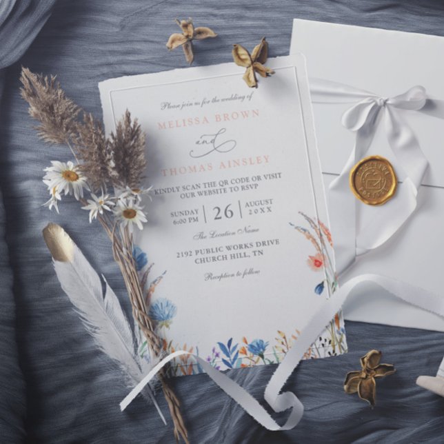 Elegant Blue & Orange Wildflowers QR Code Wedding Invitation (Creator Uploaded)