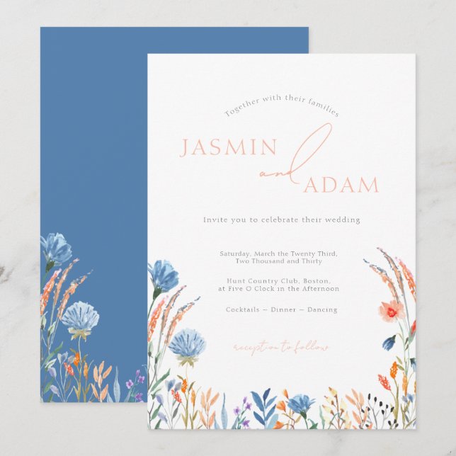 Elegant Blue & Orange Wildflowers Wedding Invitation (Front/Back)