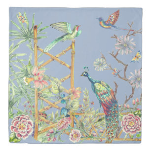 Elegant Blue Oriental Floral Garden with Peacock Duvet Cover