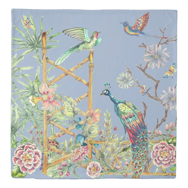 Elegant Blue Oriental Floral Garden with Peacock Duvet Cover (Front)