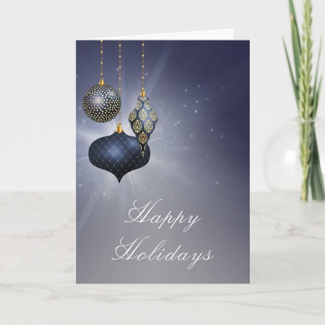 Elegant Blue Ornament Corporate Logo Christmas Card (Front)