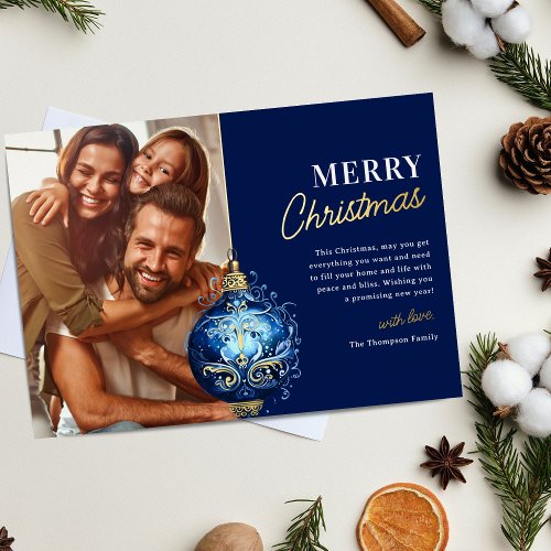 Elegant Blue Ornament Photo Christmas Foil Holiday Card
