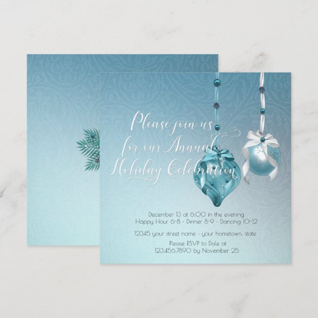 Elegant Blue Ornaments Damask Christmas Party Invitation (Front/Back)