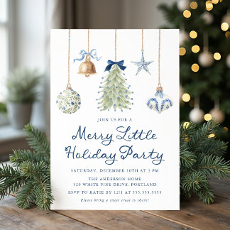Elegant Blue Ornaments Merry Little Holiday Party Invitation