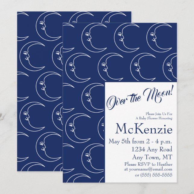 Elegant Blue Over The Moon Celestial Baby Shower I Invitation (Front/Back)