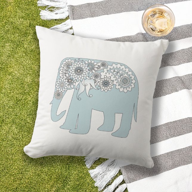 Elegant Blue Paisley Elephant Outdoor Pillow (Creator Uploaded)