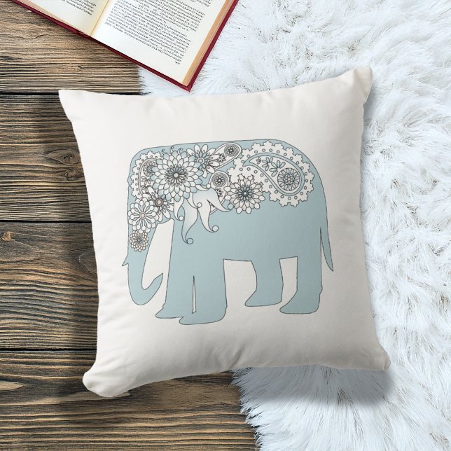 Elegant Blue Paisley Elephant Throw Pillow (Creator Uploaded)