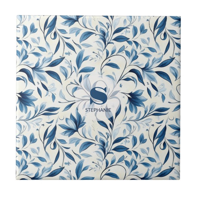 Elegant Blue Paisley Leaves - White Background (1) Ceramic Tile (Front)