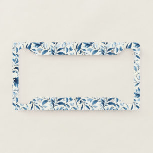 Elegant Blue Paisley Leaves - White Background (1) License Plate Frame
