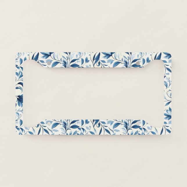 Elegant Blue Paisley Leaves - White Background (1) License Plate Frame (Front)