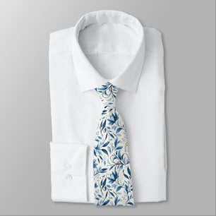 Elegant Blue Paisley Leaves - White Background (1) Neck Tie