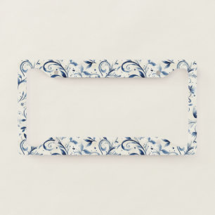 Elegant Blue Paisley Leaves - White Background (2) License Plate Frame
