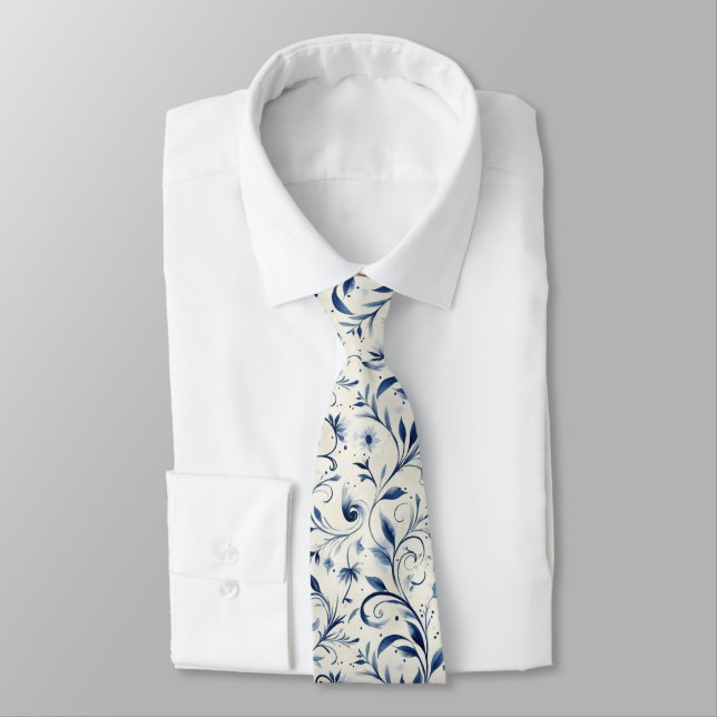 Elegant Blue Paisley Leaves - White Background (2) Neck Tie (Tied)