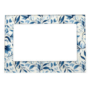 Elegant Blue Paisley Leaves - White Background Magnetic Frame