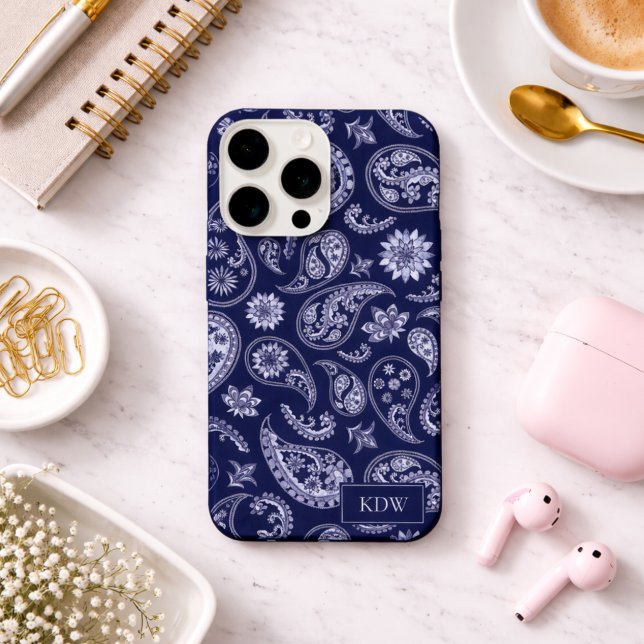 Elegant Blue Paisley Monogram  iPhone Case (Creator Uploaded)