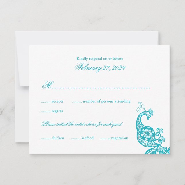 Elegant Blue Paisley Peacock Wedding RSVP Card (Front)