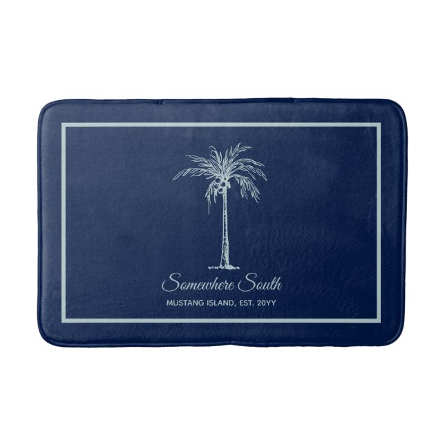 Elegant Blue Pale Teal Palm Tree Personalized Bath Mat (Front)