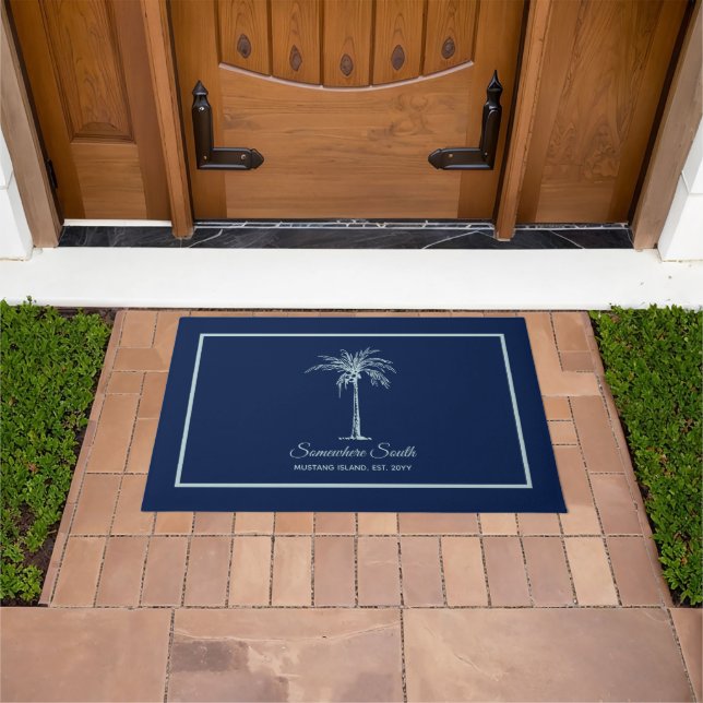 Elegant Blue Pale Teal Palm Tree Personalized Doormat (Outdoor)