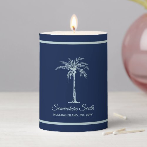 Elegant Blue Pale Teal Palm Tree Personalized Pillar Candle