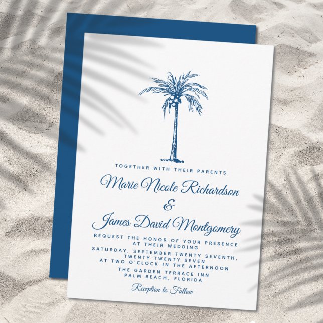 Elegant Blue Palm Formal Beach Wedding Invitation (Creator Uploaded)