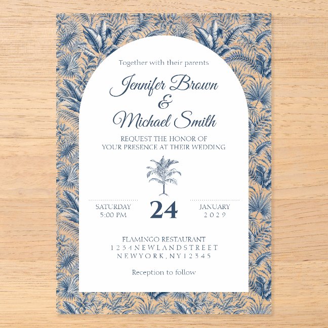 Elegant Blue Palm Tree Botanical Arch Wedding Acrylic Invitations