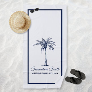 Elegant Blue Palm Tree Personalized Beach Towel