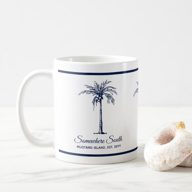 Elegant Blue Palm Tree Personalized Coffee Mug (With Donut)
