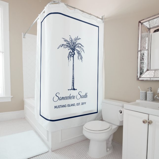Elegant Blue Palm Tree Personalized Shower Curtain (In Situ)