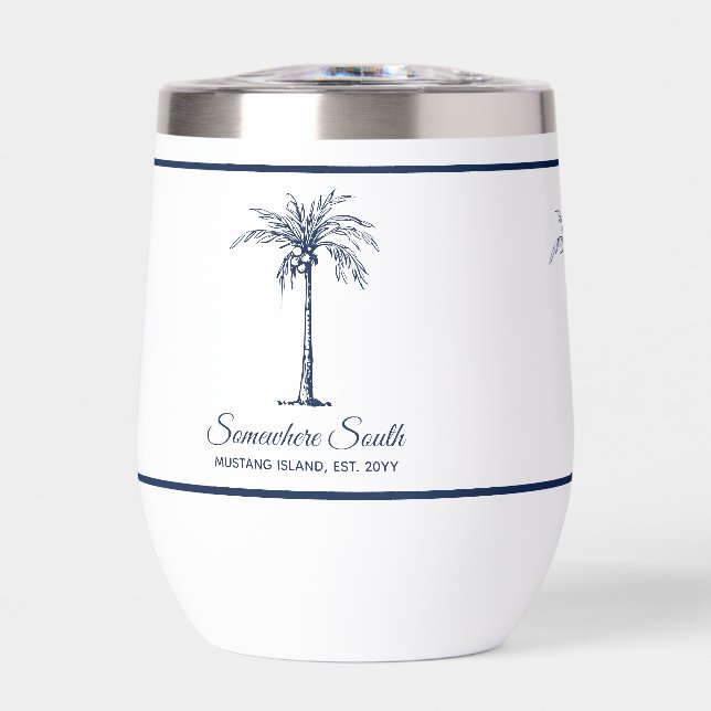 Elegant Blue Palm Tree Personalized Thermal Wine Tumbler (Front)