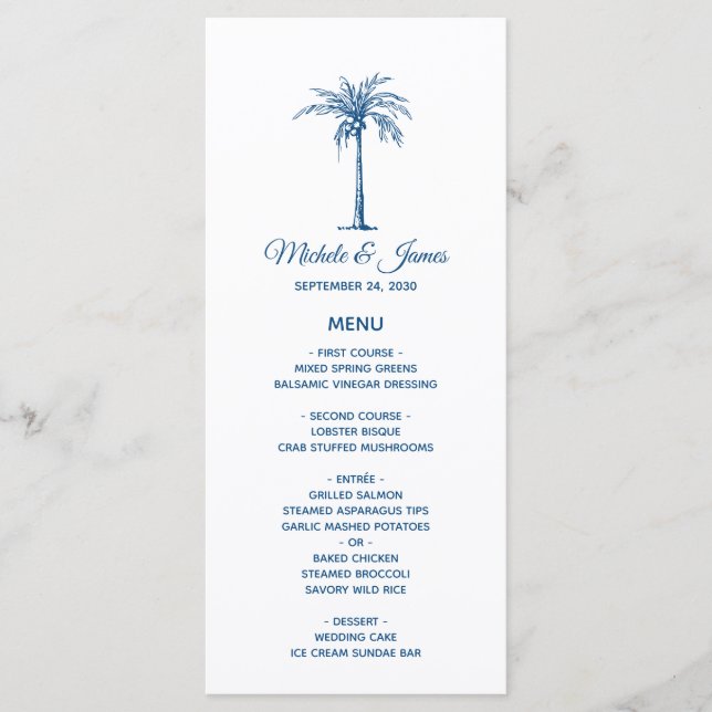 Elegant Blue Palm Tree Tropical Beach Wedding Menu (Front)
