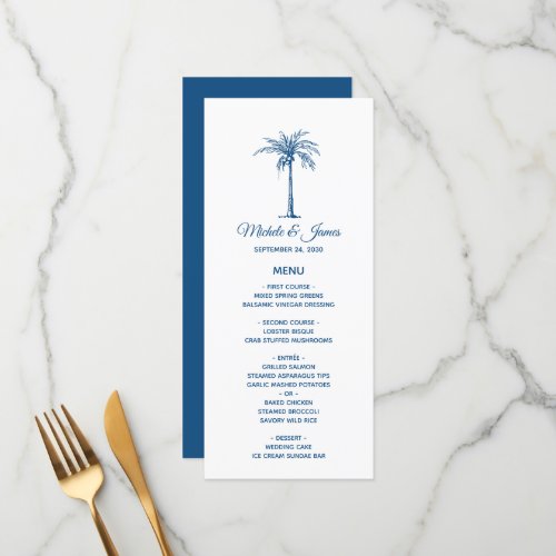Elegant Blue Palm Tree Tropical Beach Wedding Menu