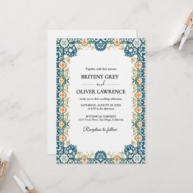 Elegant Blue Papel Picado weeding Invitation (Front/Back In Situ)