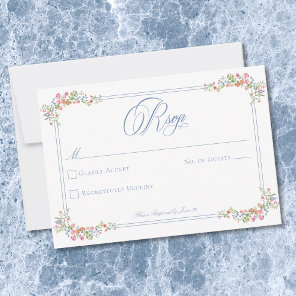 Elegant Blue Pastel Wildflower Border Wedding RSVP Card