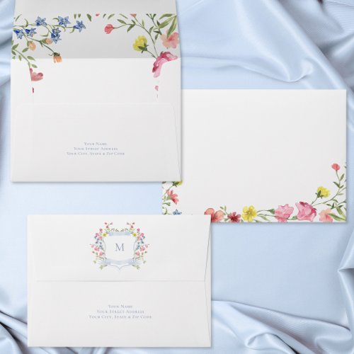 Elegant Blue Pastel Wildflower Crest Bridal Shower Envelope