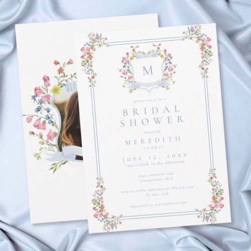 Elegant Blue Pastel Wildflower Crest Bridal Shower Invitation