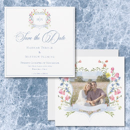 Elegant Blue Pastel Wildflower Crest Wedding Photo Save The Date