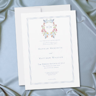 Elegant Blue Pastel Wildflower Regal Crest Wedding Invitation