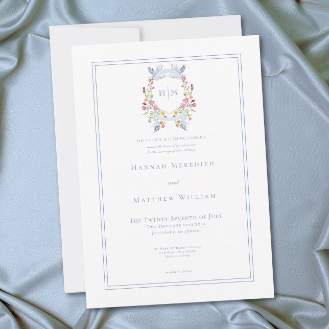 Elegant Blue Pastel Wildflower Regal Crest Wedding Invitation (Elegant Blue Pastel Wildflower Regal Crest Wedding Invitation)